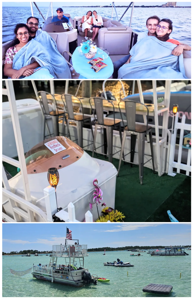 Collage of people on a boat, a decorated boat interior, and boats on the water.