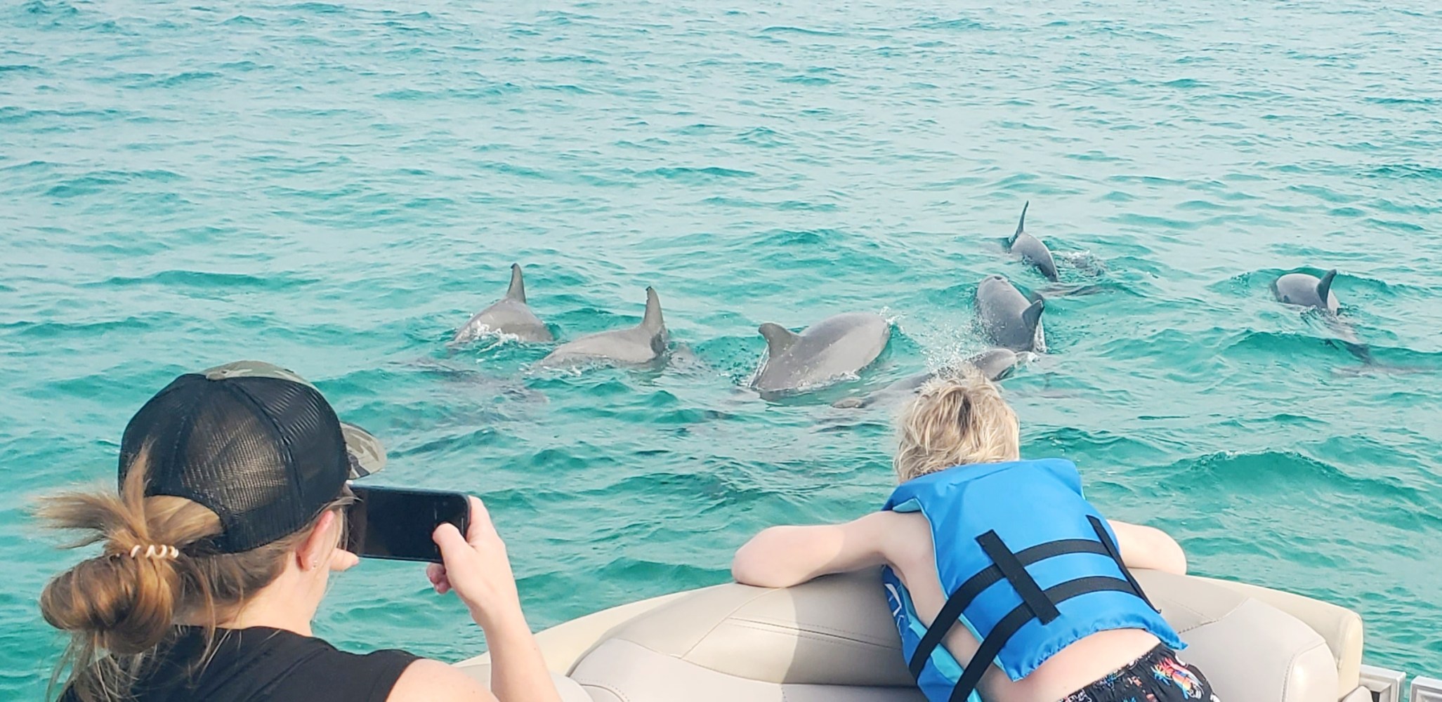 People on a boat watch a pod of dolphins swimming in the ocean.