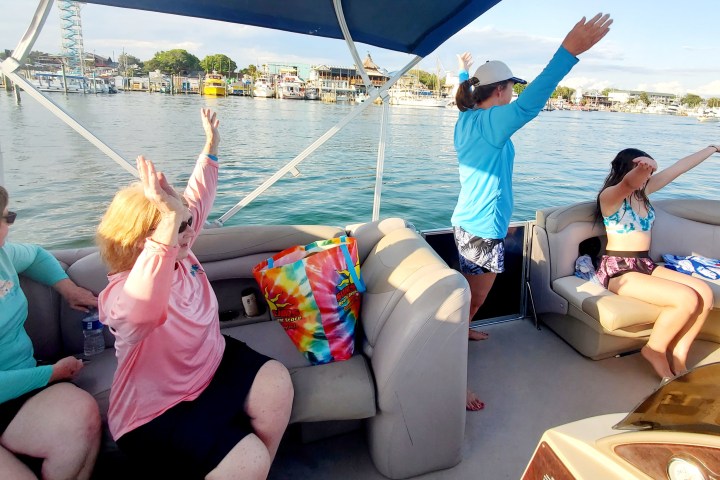 People on a boat smiling and waving at the shore on a sunny day.