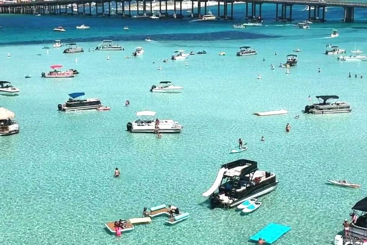 Boats and people on clear blue water near a bridge with a city skyline.